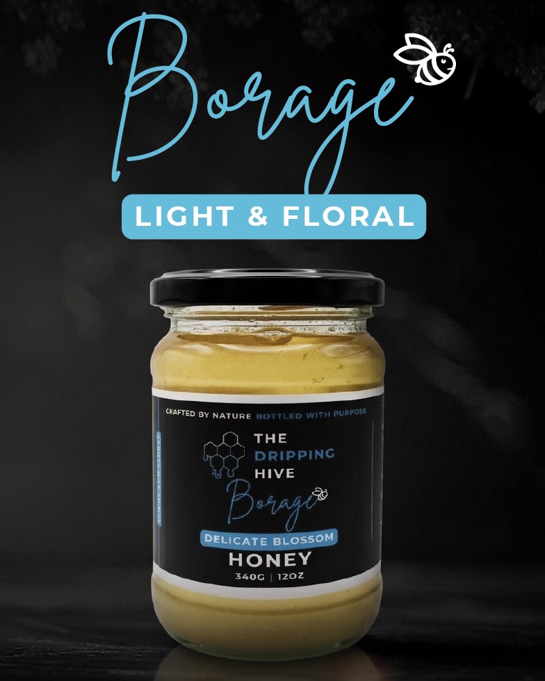 Borage honey jar on black with cursive Borage type and Light & Floral tag