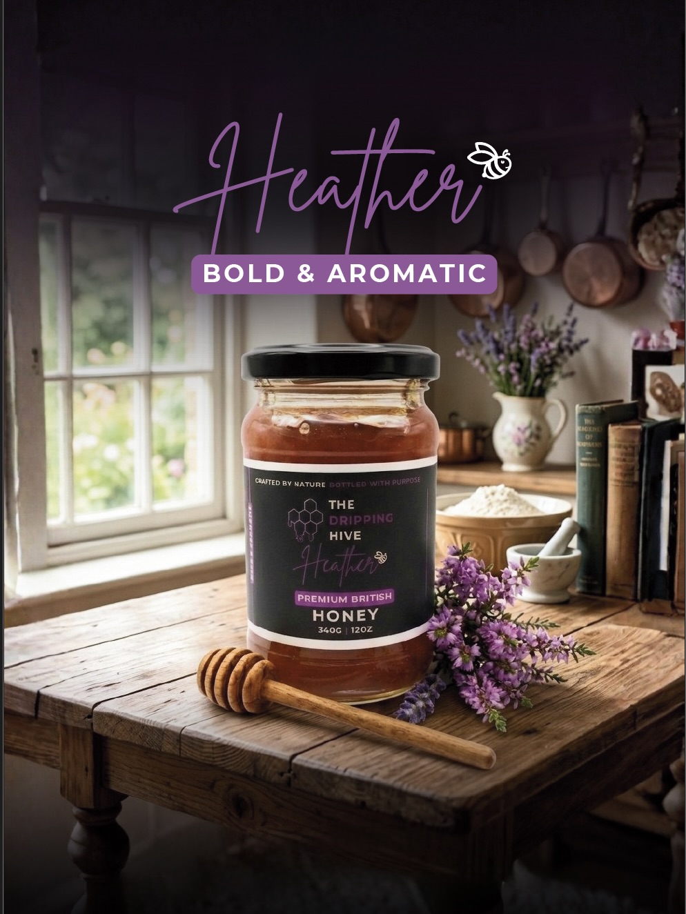 Wild Heather honey jar in a rustic kitchen with a wooden dipper and heather sprigs