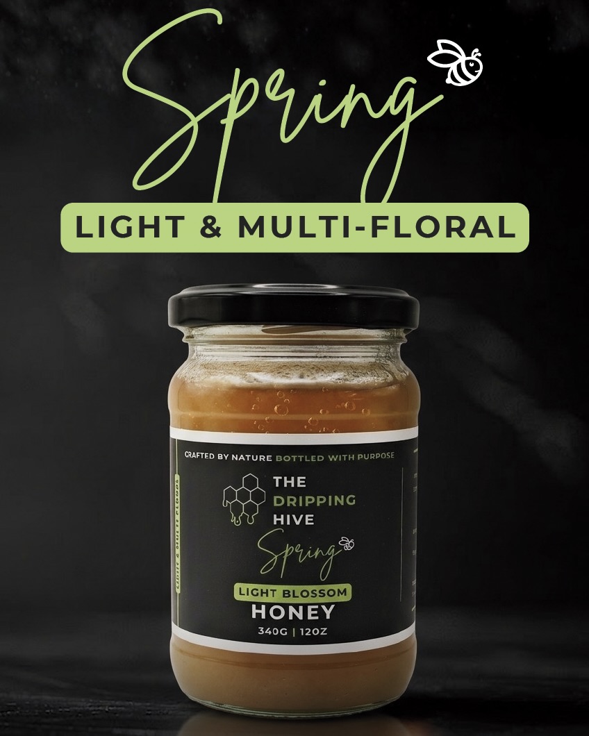 Spring honey jar on black with cursive Spring type and Light & Multi-Floral tag