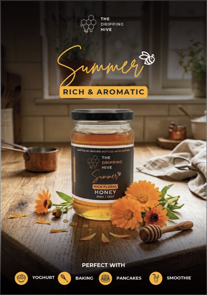 Summer honey jar poster on a wooden surface surrounded by orange calendula blooms and a honey dipper