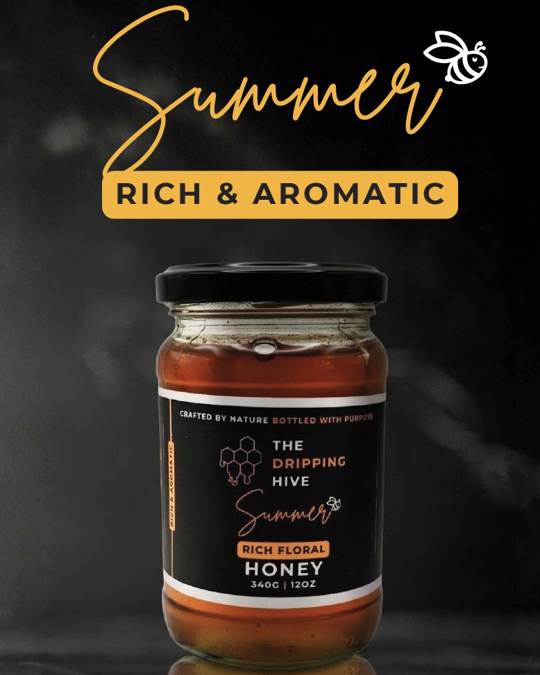 Summer honey jar on black with cursive Summer type and Rich & Aromatic tag