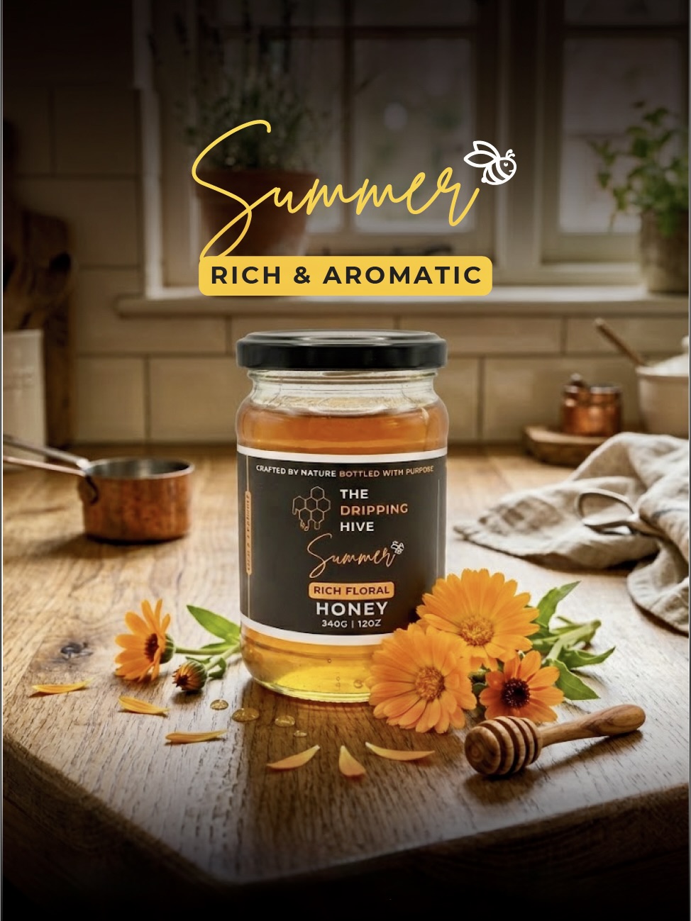 Summer honey jar on a wooden surface surrounded by orange calendula blooms and a honey dipper