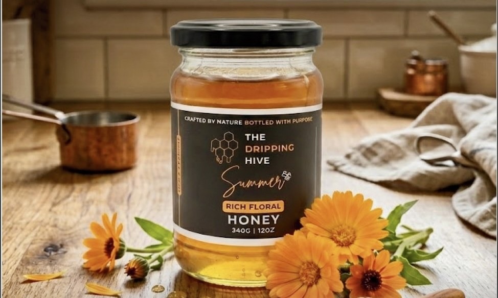 Summer honey jar on a wooden surface surrounded by orange calendula blooms and a honey dipper